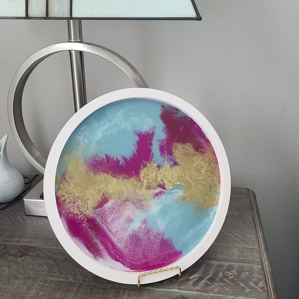 Round Pink and Turquoise With Gold Tray or Artwork